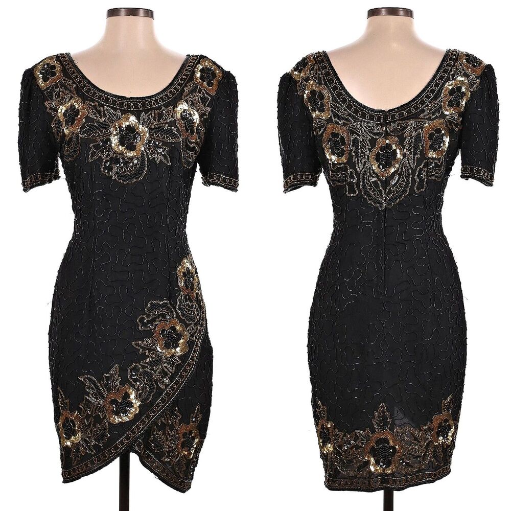 Stenay Black & Gold Beaded Floral Sheath Dress